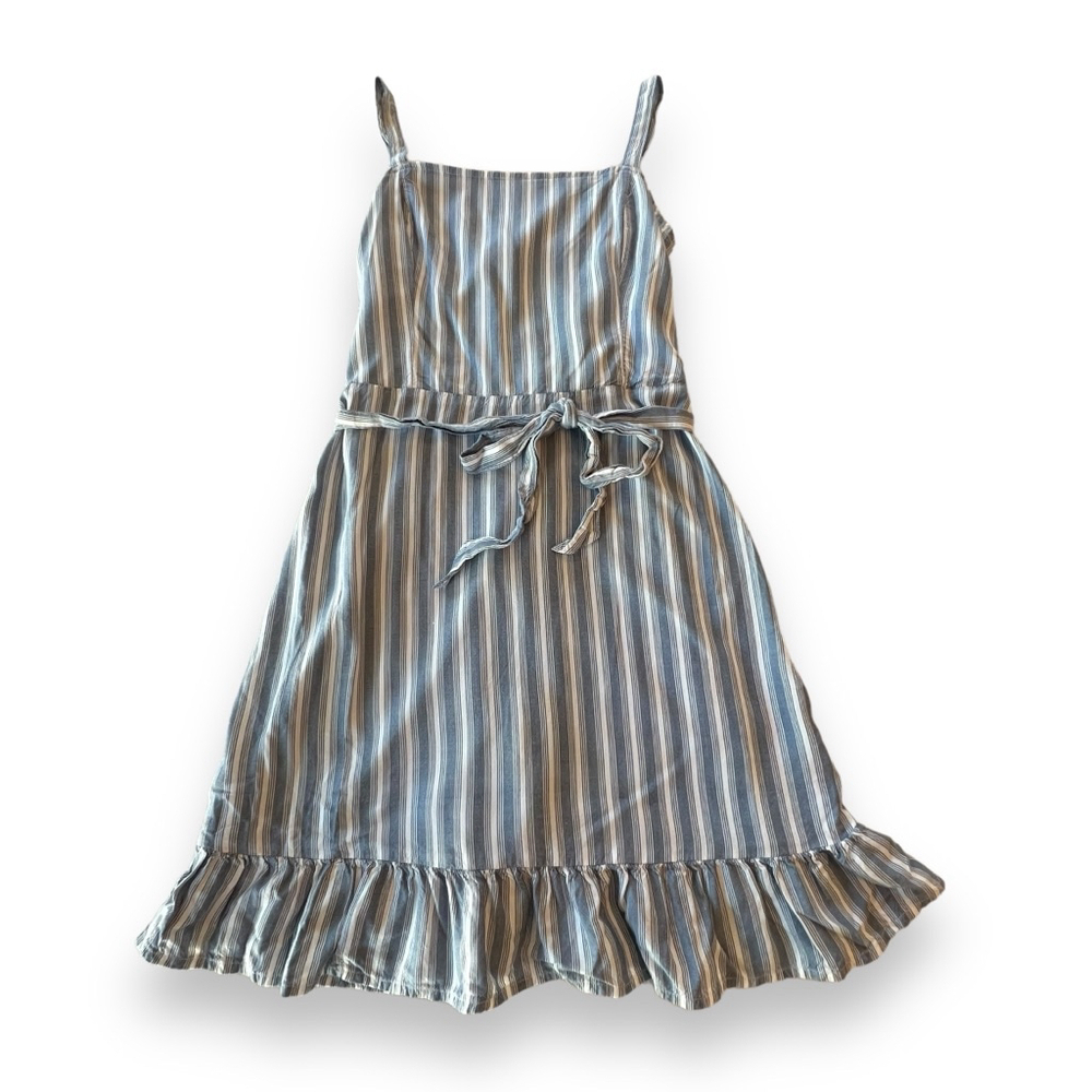 Hollister Mini Dress blue white stripes sleeveless tie belt medium babydoll